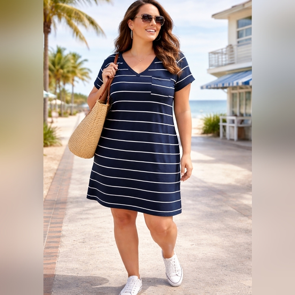 Market & Spruce Navy Striped V-Neck Pocket Dress XXL